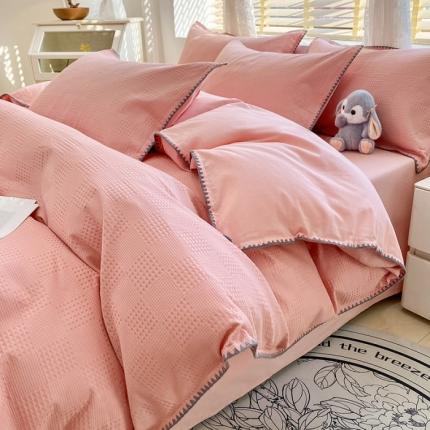 91家纺网 家纺一手货源 找家纺 （总）韩秀 2025新款13372纯棉大提花华夫格60s贝壳绣全棉四件套纯色丝光100长绒棉