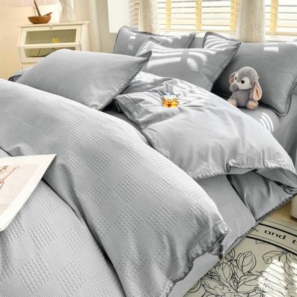 91家纺网 家纺一手货源 找家纺 （总）韩秀 2025新款13372纯棉大提花华夫格60s贝壳绣全棉四件套纯色丝光100长绒棉