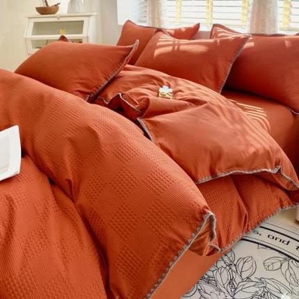 91家纺网 家纺一手货源 找家纺 （总）韩秀 2025新款13372纯棉大提花华夫格60s贝壳绣全棉四件套纯色丝光100长绒棉