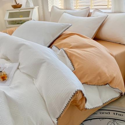 91家纺网 家纺一手货源 找家纺 （总）韩秀 2025新款13372纯棉大提花华夫格60s贝壳绣全棉四件套纯色丝光100长绒棉