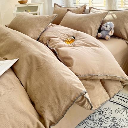 91家纺网 家纺一手货源 找家纺 （总）韩秀 2025新款13372纯棉大提花华夫格60s贝壳绣全棉四件套纯色丝光100长绒棉