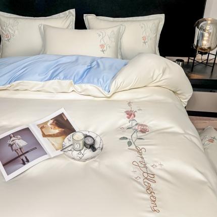 91家纺网 家纺一手货源 找家纺 （总）二八年华 2023新款水洗真丝刺绣四件套-玫瑰+蝴蝶