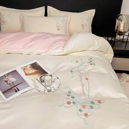 91家纺网 家纺一手货源 找家纺 （总）二八年华 2023新款水洗真丝刺绣四件套-玫瑰+蝴蝶