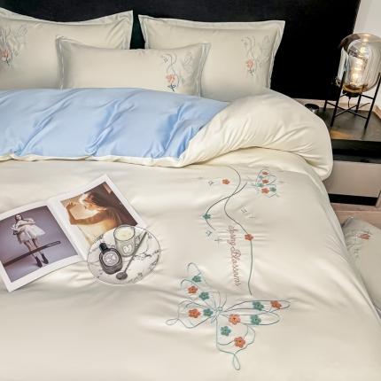 91家纺网 家纺一手货源 找家纺 （总）二八年华 2023新款水洗真丝刺绣四件套-玫瑰+蝴蝶