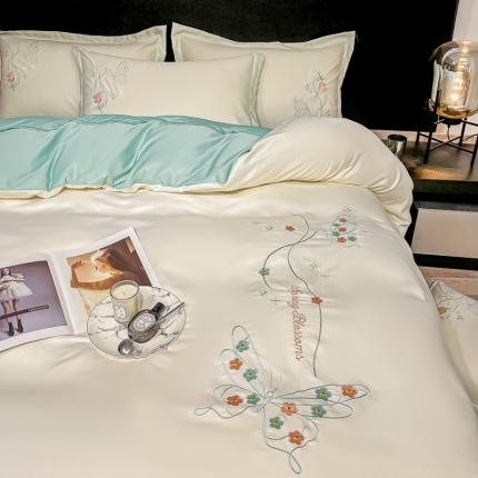 91家纺网 家纺一手货源 找家纺 （总）二八年华 2023新款水洗真丝刺绣四件套-玫瑰+蝴蝶