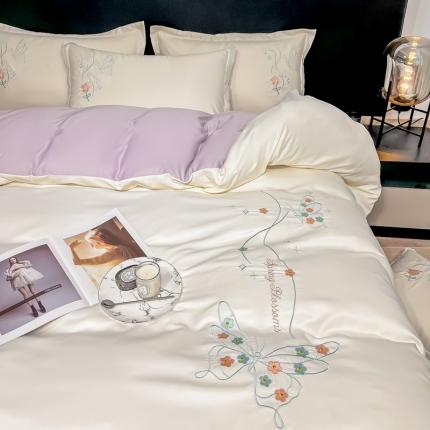 91家纺网 家纺一手货源 找家纺 （总）二八年华 2023新款水洗真丝刺绣四件套-玫瑰+蝴蝶