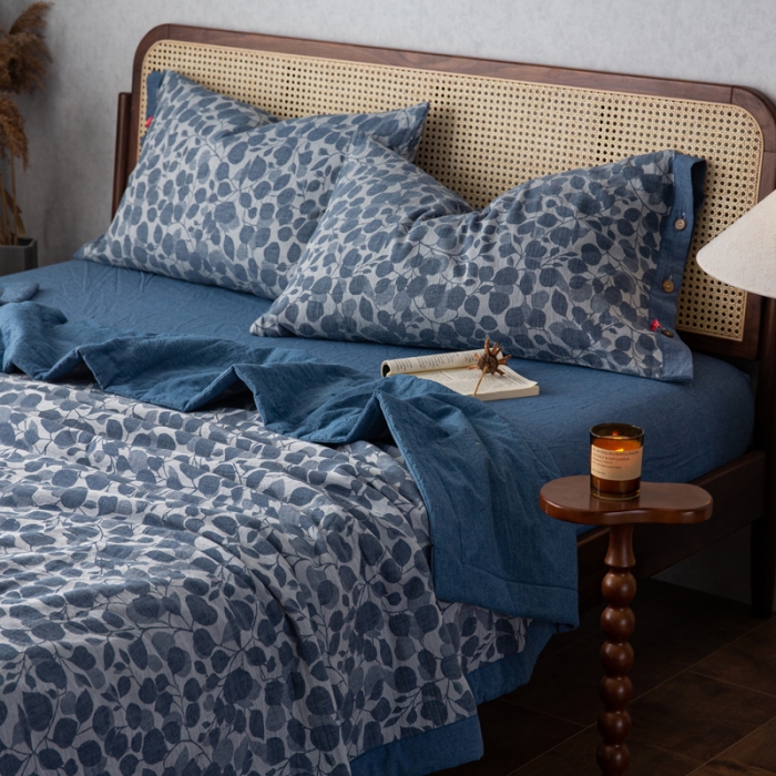 91家纺网 家纺一手货源 找家纺 安莱生活 2023新款 棉麻夏被四件套及单独夏被 棉麻-深蓝