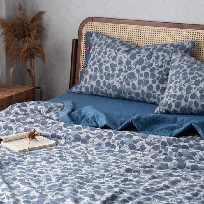 91家纺网 家纺一手货源 找家纺 安莱生活 2023新款 棉麻夏被四件套及单独夏被 棉麻-深蓝