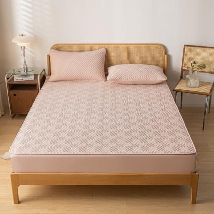 居眠2023新款防水大豆夹棉床笠 回行格-浅粉