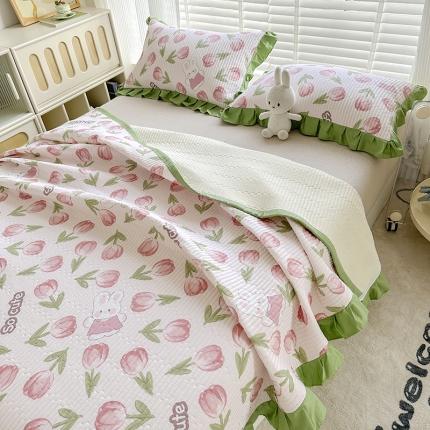 岚吉 新款40支133*72全棉斜纹夹棉绗缝小花边床盖 花仙兔