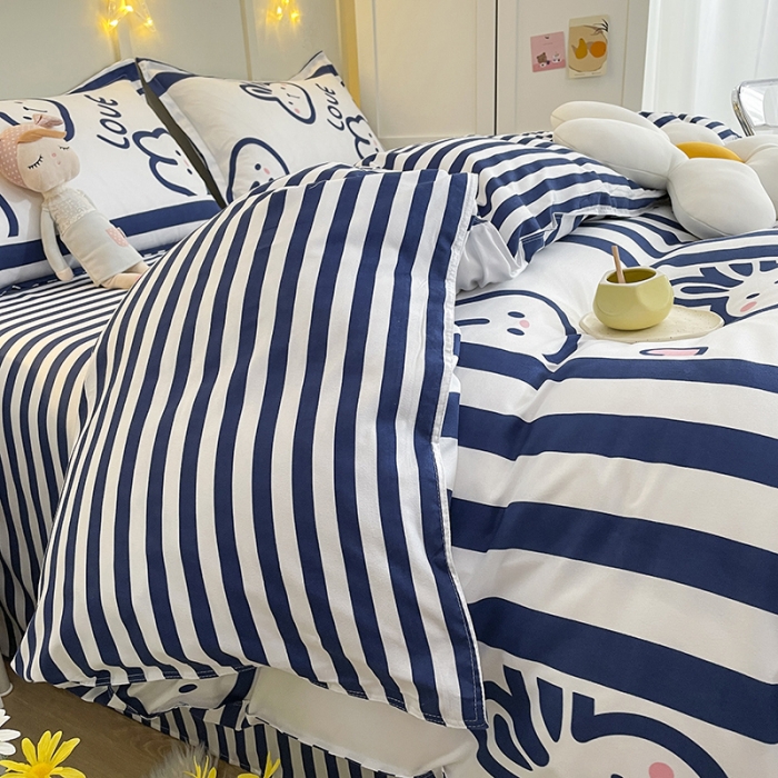 91家纺网 家纺一手货源 找家纺 宏源家纺 2023新款芦荟棉亲肤四件套 条纹兔