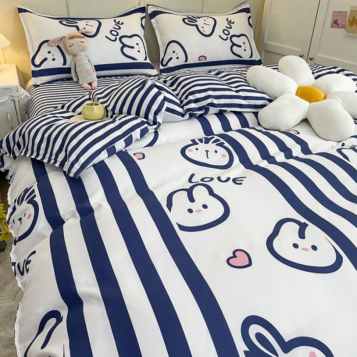 91家纺网 家纺一手货源 找家纺 宏源家纺 2023新款芦荟棉亲肤四件套 条纹兔