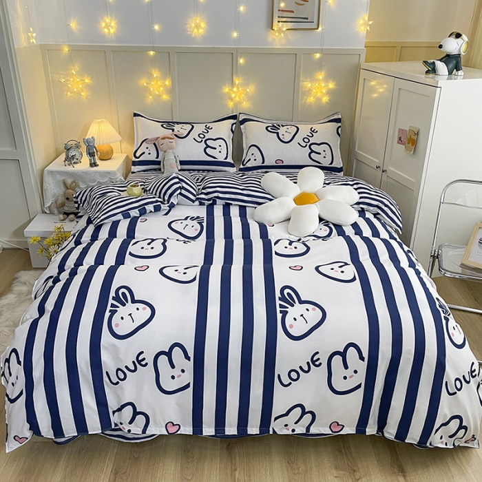 91家纺网 家纺一手货源 找家纺 宏源家纺 2023新款芦荟棉亲肤四件套 条纹兔