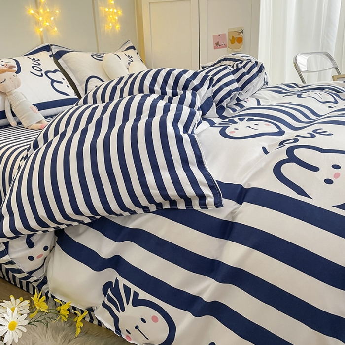 91家纺网 家纺一手货源 找家纺 宏源家纺 2023新款芦荟棉亲肤四件套 条纹兔