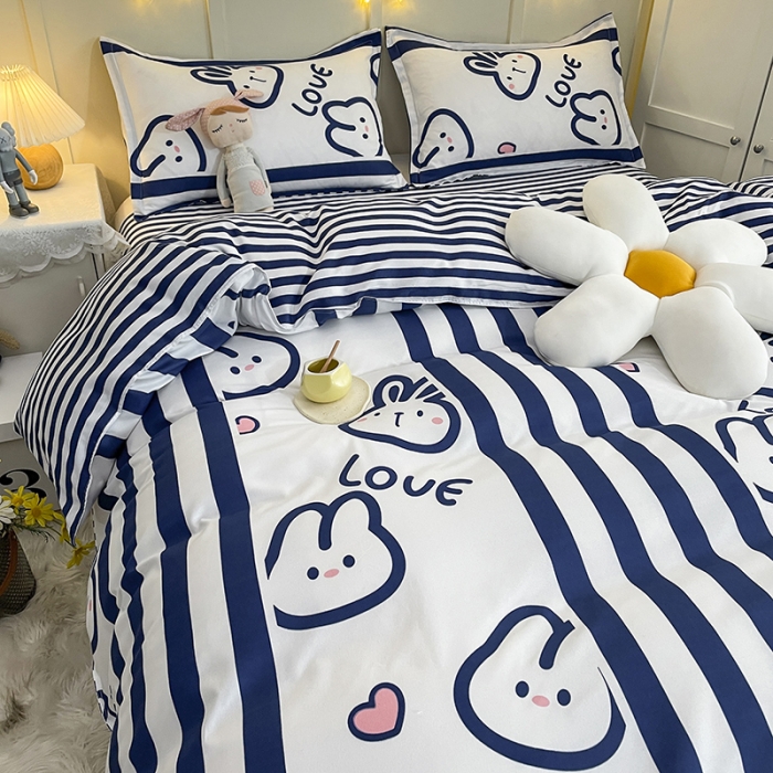 91家纺网 家纺一手货源 找家纺 宏源家纺 2023新款芦荟棉亲肤四件套 条纹兔