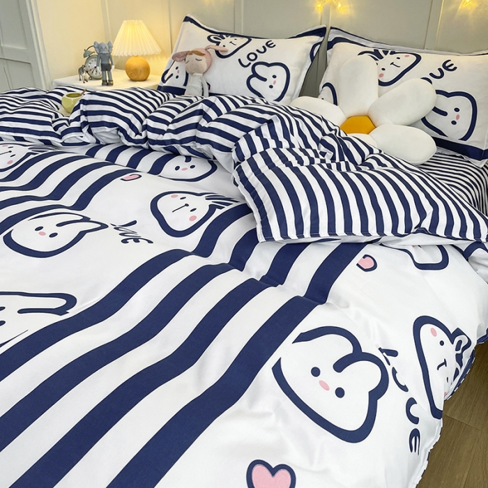 91家纺网 家纺一手货源 找家纺 宏源家纺 2023新款芦荟棉亲肤四件套 条纹兔