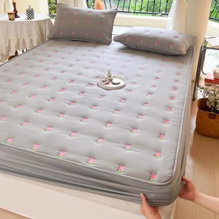 91家纺网 家纺一手货源 找家纺 尊康家纺（原磊科） 2024新款亲肤奶昔棉抗菌夹棉床笠-紫菀系列 紫菀-绅士灰