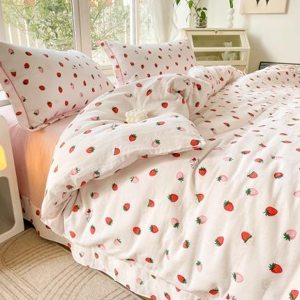 乐童 2024新款直播爆款A类全棉双层纱工艺款四件套 草莓奶昔