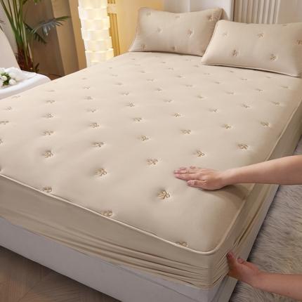 居眠 2023新款A类水洗棉大豆刺绣绣花床褥式床笠 蝴蝶结-奶咖