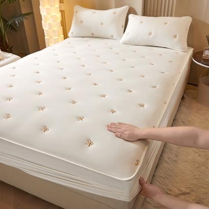居眠 2023新款A类水洗棉大豆刺绣绣花床褥式床笠 蝴蝶结-雪白