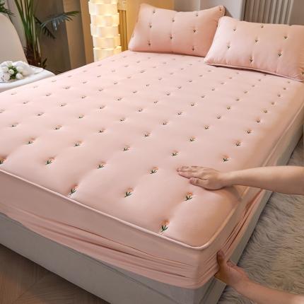 居眠 2023新款A类水洗棉大豆刺绣绣花床褥式床笠 郁金香-粉玉