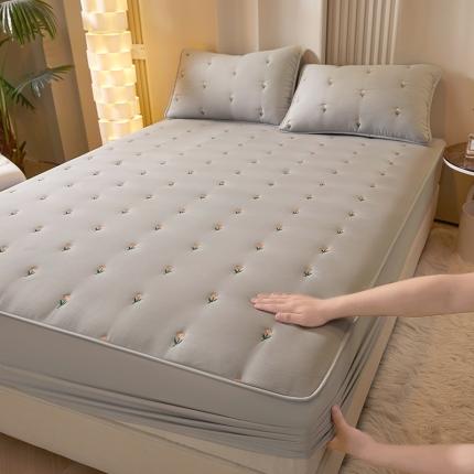 居眠 2023新款A类水洗棉大豆刺绣绣花床褥式床笠 郁金香-简灰