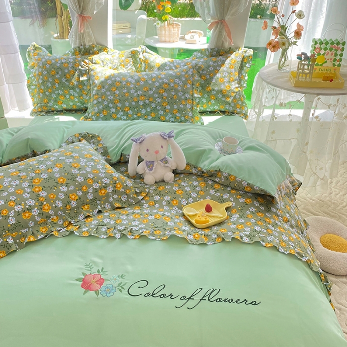 91家纺网 家纺一手货源 找家纺 易辰美 2024新款双层纱水洗磨毛德芙棉绣花四件套 相见欢