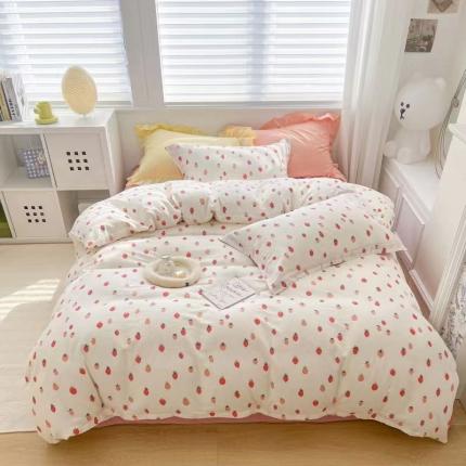 91家纺网 家纺一手货源 找家纺 玖玖爱 2023新款双层纱有氧纱印花四件套 甜甜草莓