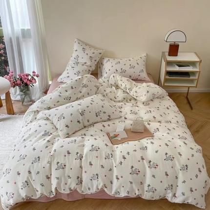 91家纺网 家纺一手货源 找家纺 玖玖爱 2023新款双层纱有氧纱印花四件套 野莓兔