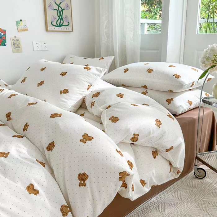 91家纺网 家纺一手货源 找家纺 玖玖爱 2023新款双层纱有氧纱印花四件套 点点熊