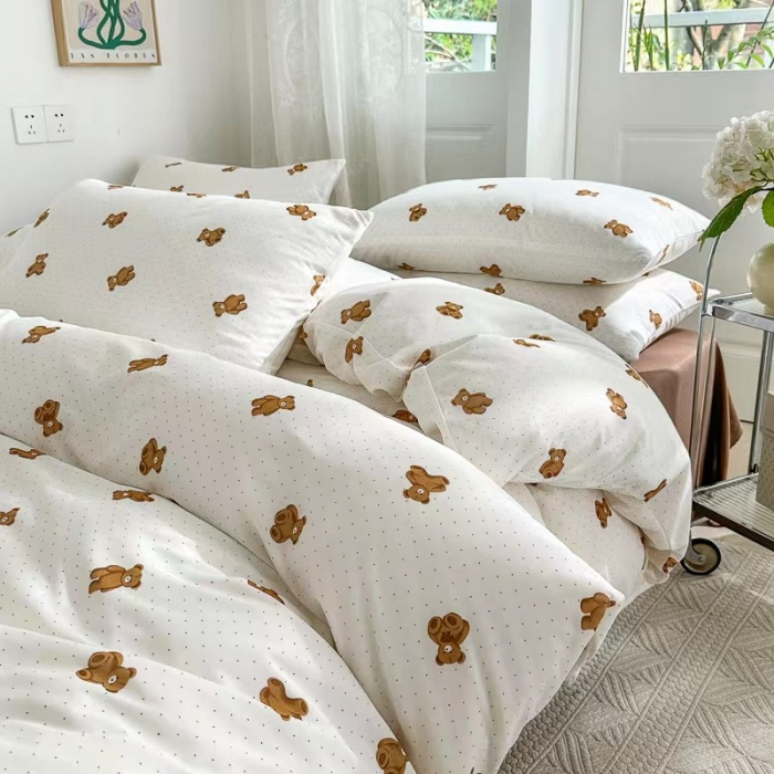 91家纺网 家纺一手货源 找家纺 玖玖爱 2023新款双层纱有氧纱印花四件套 点点熊