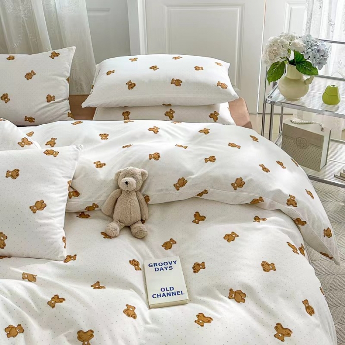 91家纺网 家纺一手货源 找家纺 玖玖爱 2023新款双层纱有氧纱印花四件套 点点熊