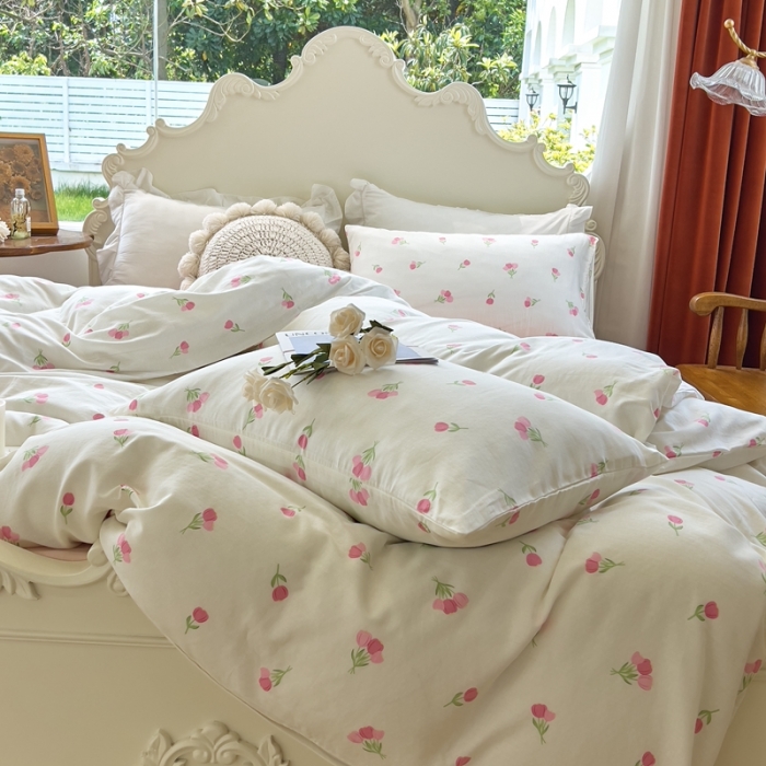 91家纺网 家纺一手货源 找家纺 玖玖爱 2023新款双层纱有氧纱印花四件套 粉色郁金香