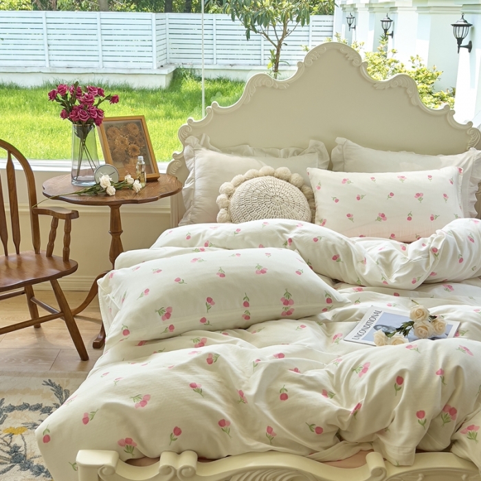 91家纺网 家纺一手货源 找家纺 玖玖爱 2023新款双层纱有氧纱印花四件套 粉色郁金香