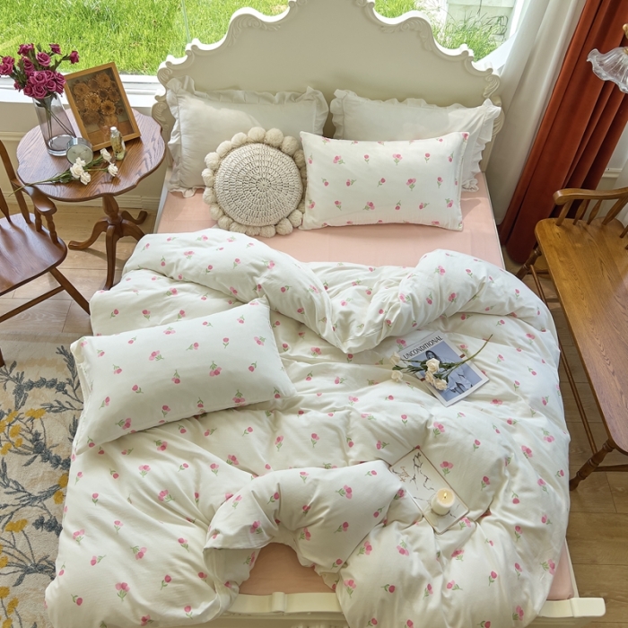 91家纺网 家纺一手货源 找家纺 玖玖爱 2023新款双层纱有氧纱印花四件套 粉色郁金香