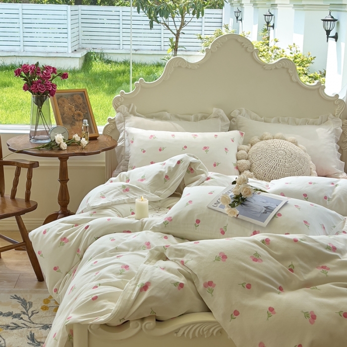 91家纺网 家纺一手货源 找家纺 玖玖爱 2023新款双层纱有氧纱印花四件套 粉色郁金香