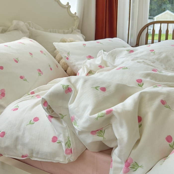 91家纺网 家纺一手货源 找家纺 玖玖爱 2023新款双层纱有氧纱印花四件套 粉色郁金香