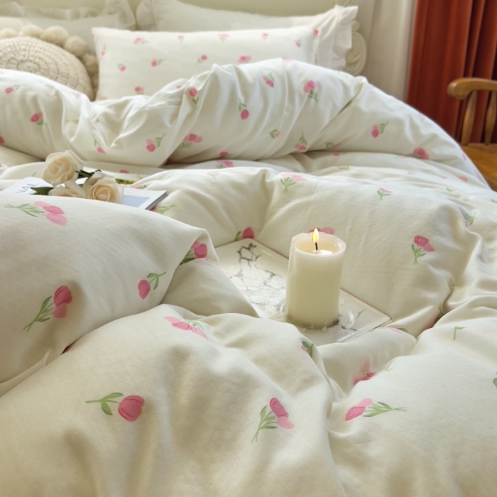 91家纺网 家纺一手货源 找家纺 玖玖爱 2023新款双层纱有氧纱印花四件套 粉色郁金香