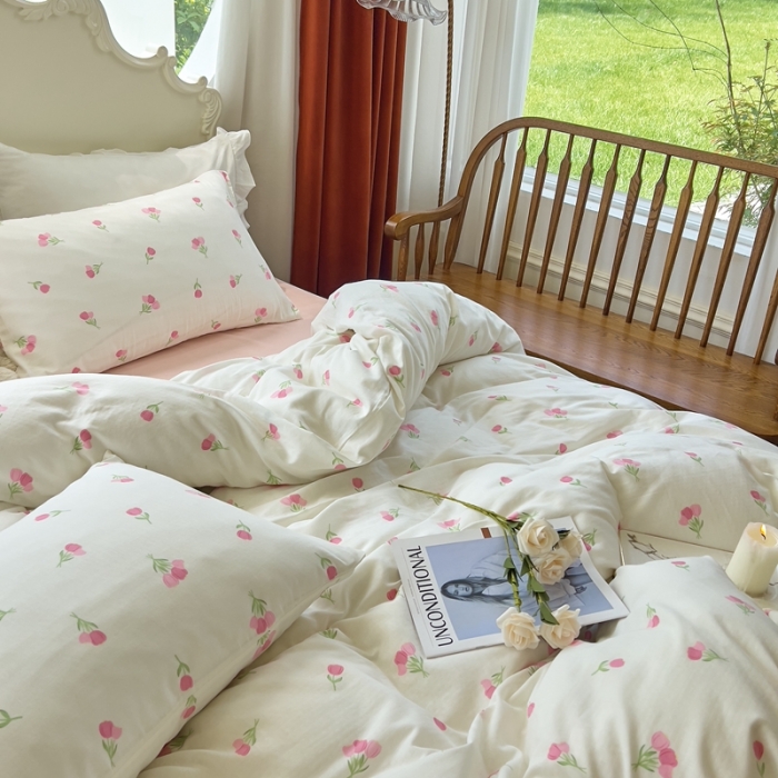 91家纺网 家纺一手货源 找家纺 玖玖爱 2023新款双层纱有氧纱印花四件套 粉色郁金香