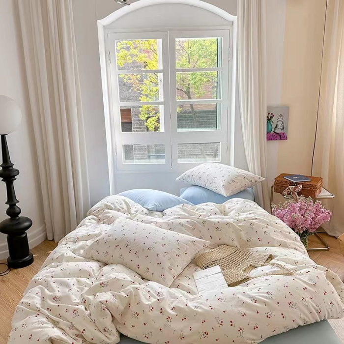 91家纺网 家纺一手货源 找家纺 玖玖爱 2023新款双层纱有氧纱印花四件套 花季