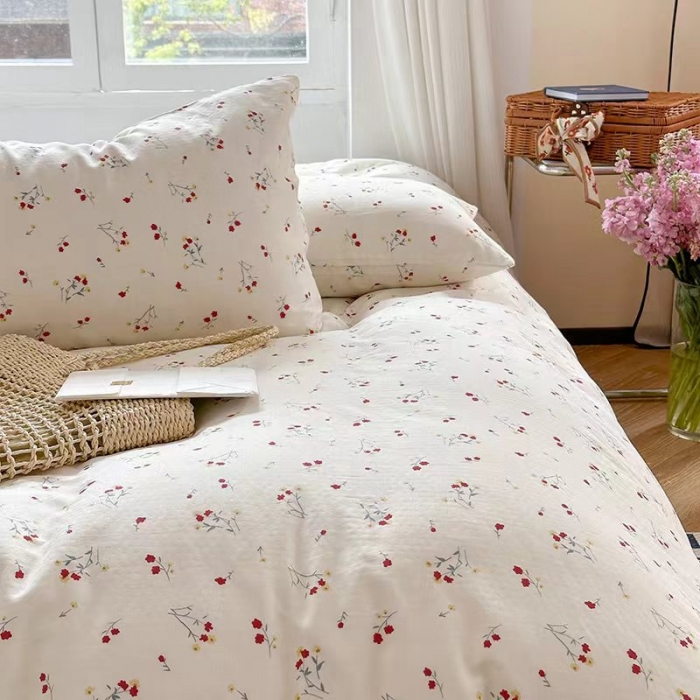 91家纺网 家纺一手货源 找家纺 玖玖爱 2023新款双层纱有氧纱印花四件套 花季