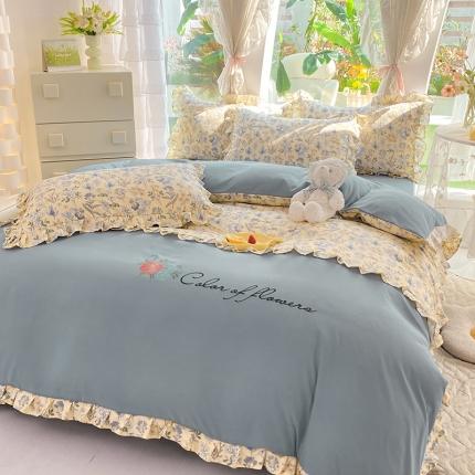 91家纺网 家纺一手货源 找家纺 易辰美 2024新款双层纱水洗磨毛德芙棉绣花四件套 若秋