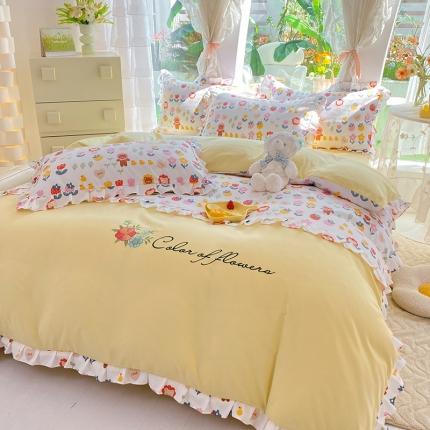 91家纺网 家纺一手货源 找家纺 易辰美 2024新款双层纱水洗磨毛德芙棉绣花四件套 笑颜如花