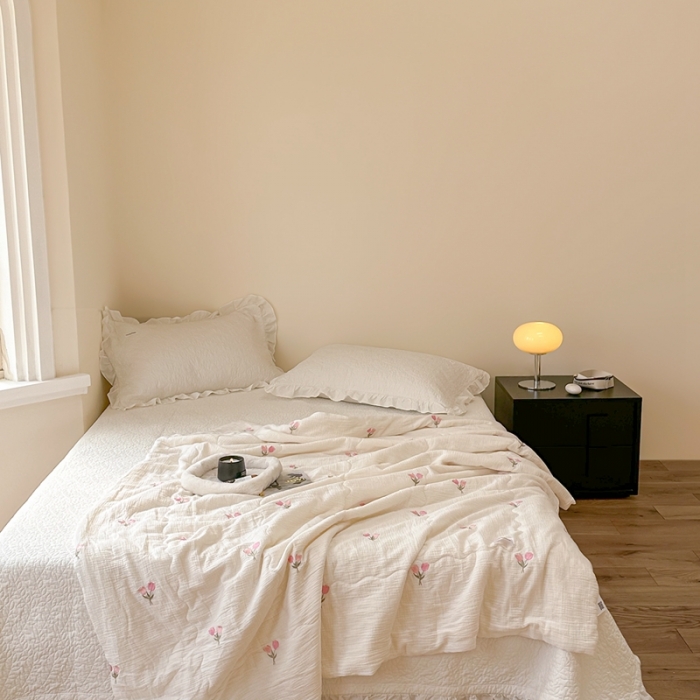 91家纺网 家纺一手货源 找家纺 洋铭区 2023新款全棉皱皱双层纱夏被 粉色郁金香