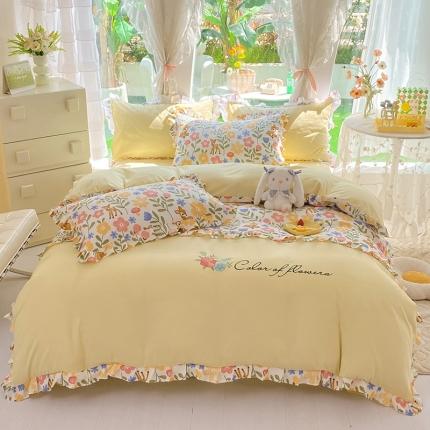 91家纺网 家纺一手货源 找家纺 易辰美 2024新款双层纱水洗磨毛德芙棉绣花四件套花丛鹿