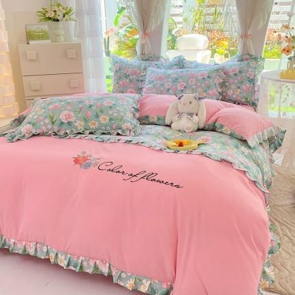 91家纺网 家纺一手货源 找家纺 易辰美 2024新款双层纱水洗磨毛德芙棉绣花四件套如沐春风