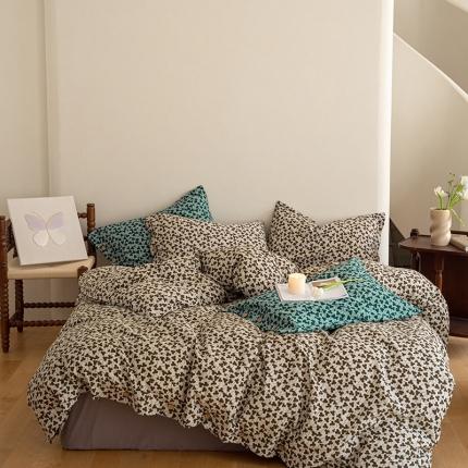 91家纺网 家纺一手货源 找家纺 华超针织 2023新款双工艺全棉四件套 咖色三叶草