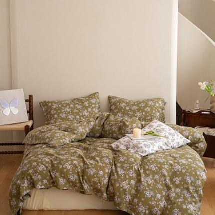 91家纺网 家纺一手货源 找家纺 华超针织 2023新款双工艺全棉四件套 绿色蔷薇