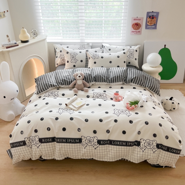 91家纺网 家纺一手货源 找家纺 顾里 2023新款40支13372全棉四季款韩系氛围四件套 赫本波点