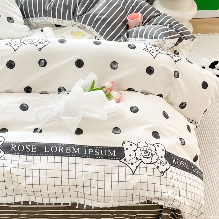 91家纺网 家纺一手货源 找家纺 顾里 2023新款40支13372全棉四季款韩系氛围四件套 赫本波点